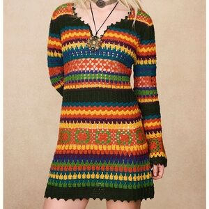 The Hippie Shake Kaleidoscope Crochet Mini Dress Size M Multicolor Knit Dress